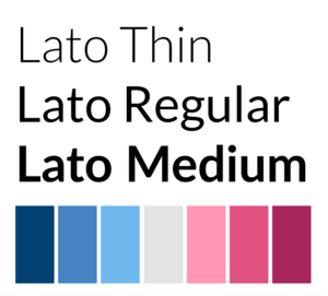 Typefaces "Lato Thin", "Lato Regular", and "Lato Medium" on a white background. Shades of pink on blue are displayed below.
